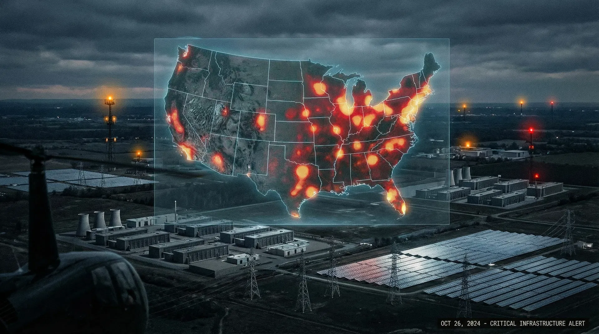 US map with glowing red warning zones spreading across multiple states