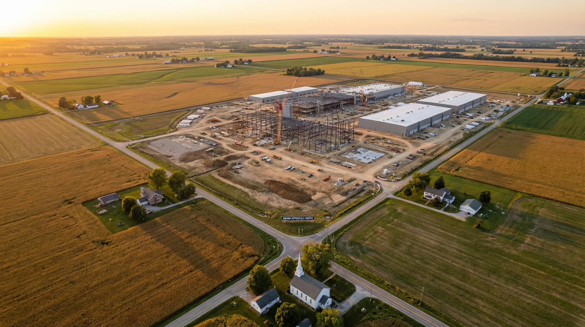 Aerial view of hyperscale data center construction in rural Indiana farmland