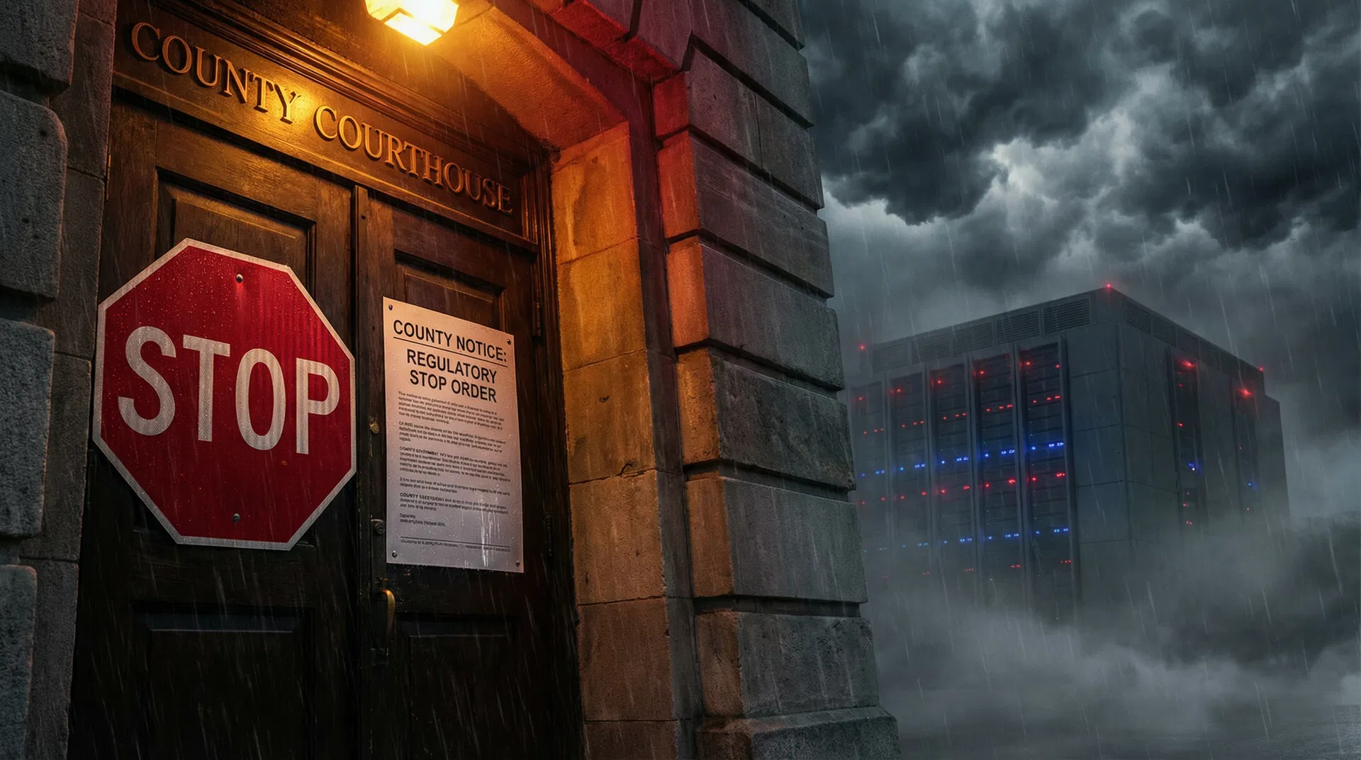 County courthouse with regulatory stop order notice and data center in background