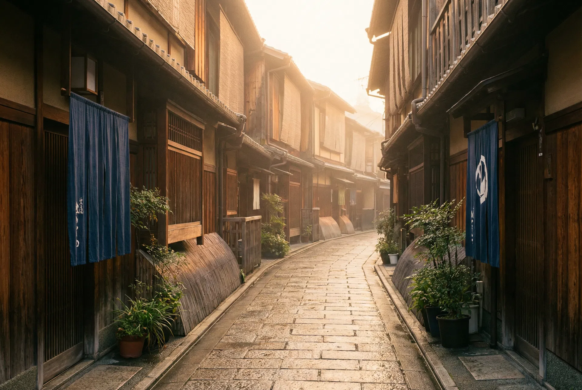 Traditional Japanese street in a historic district at golden hour