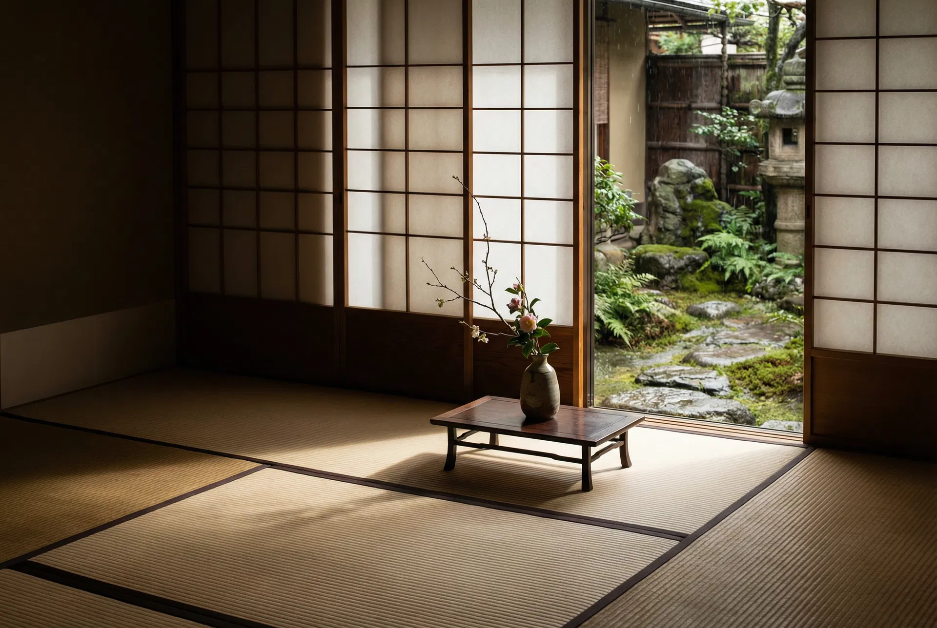 Traditional Japanese tatami room with shoji screens opening to a moss garden