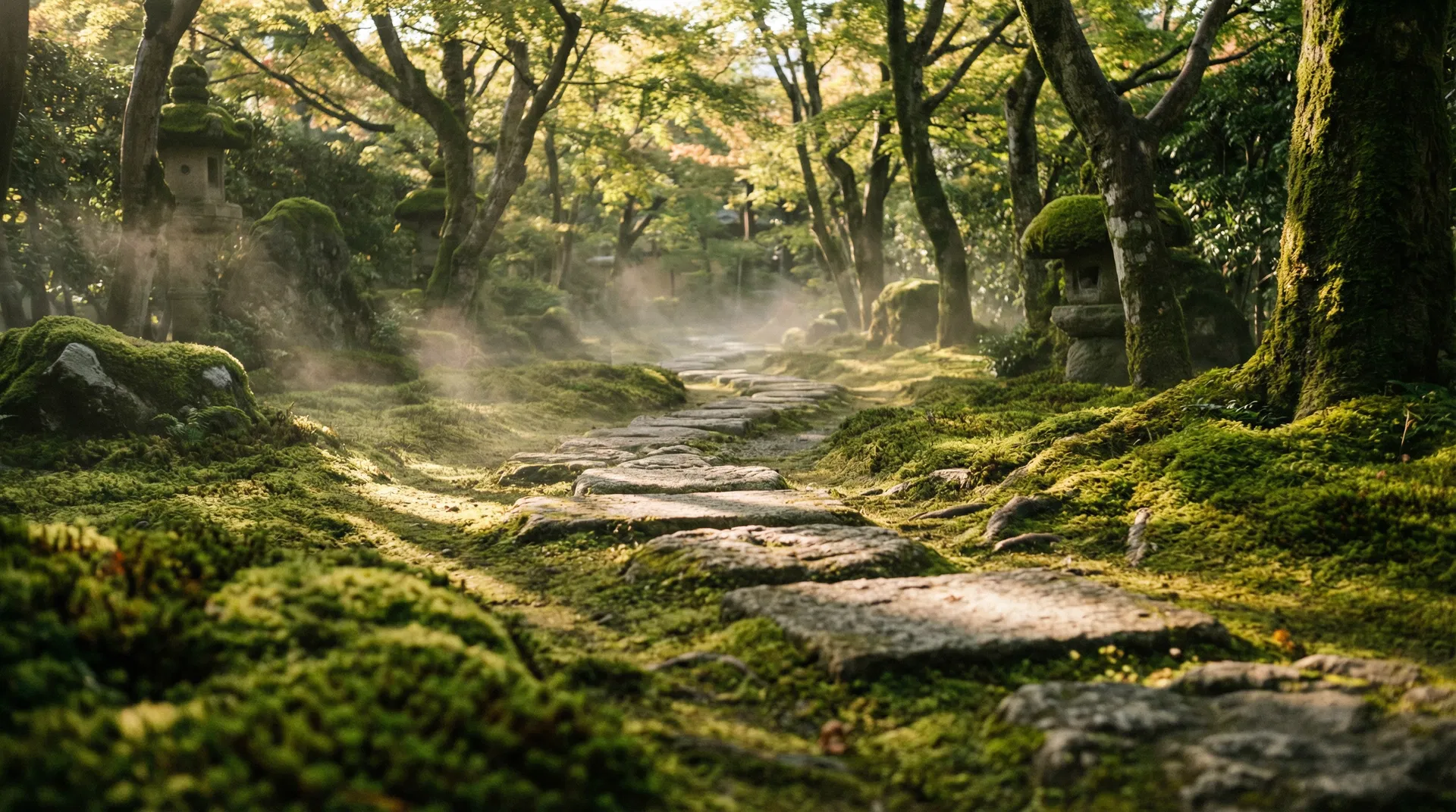 Stone path through a moss garden in Kyoto, morning light filtering through maple trees