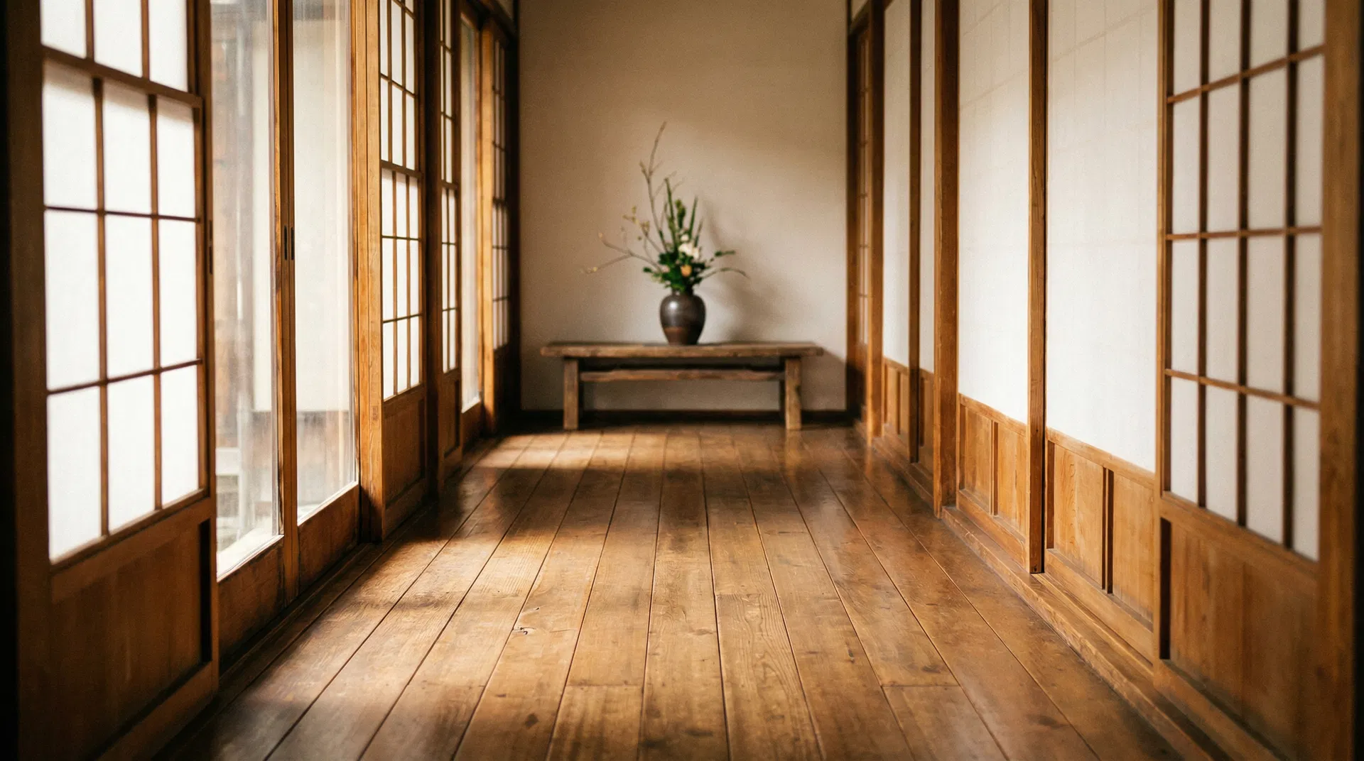 Traditional Japanese ryokan hallway with warm wooden floors, shoji screens, and ikebana arrangement