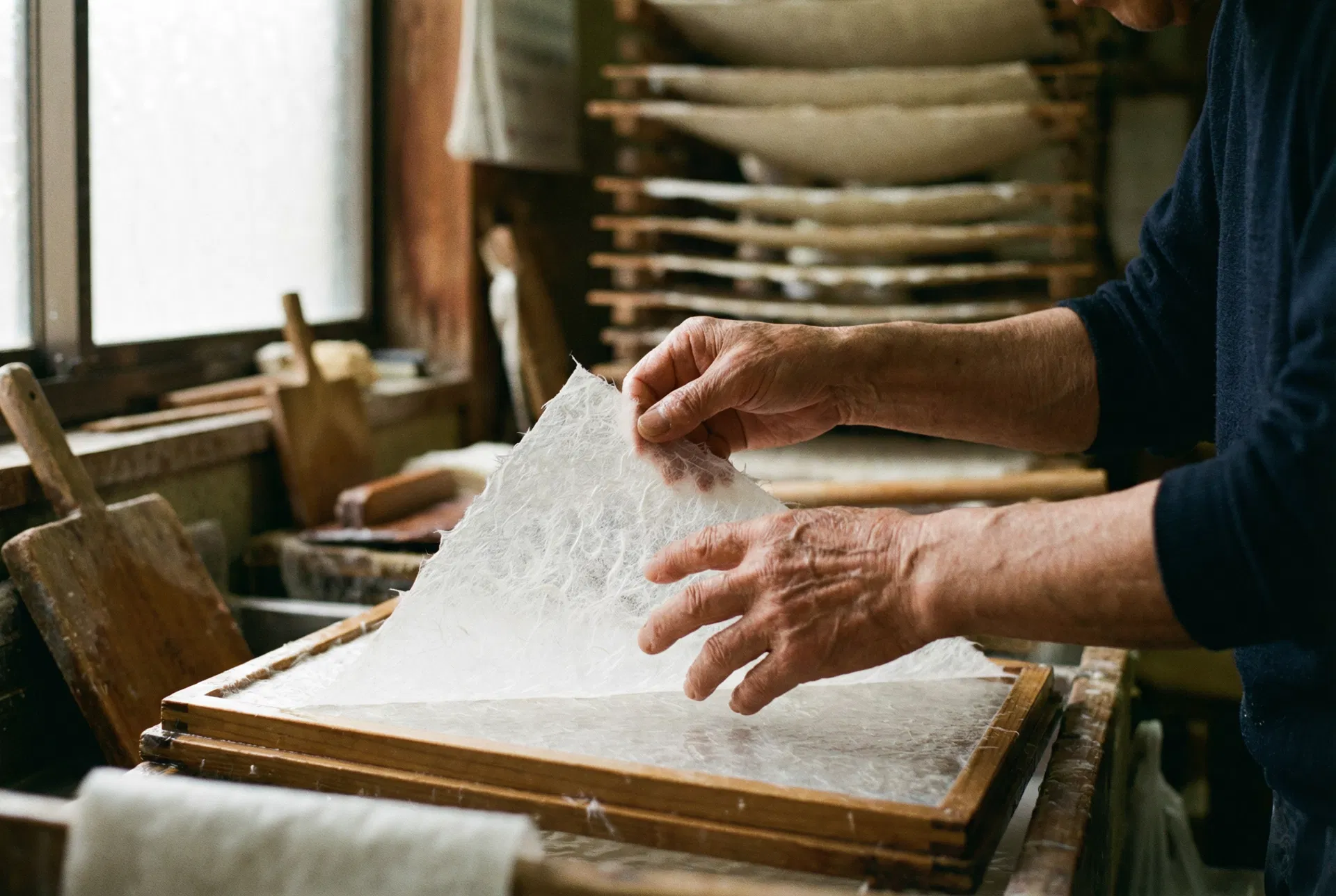 Japanese artisan carefully shaping washi paper in a traditional papermaking workshop