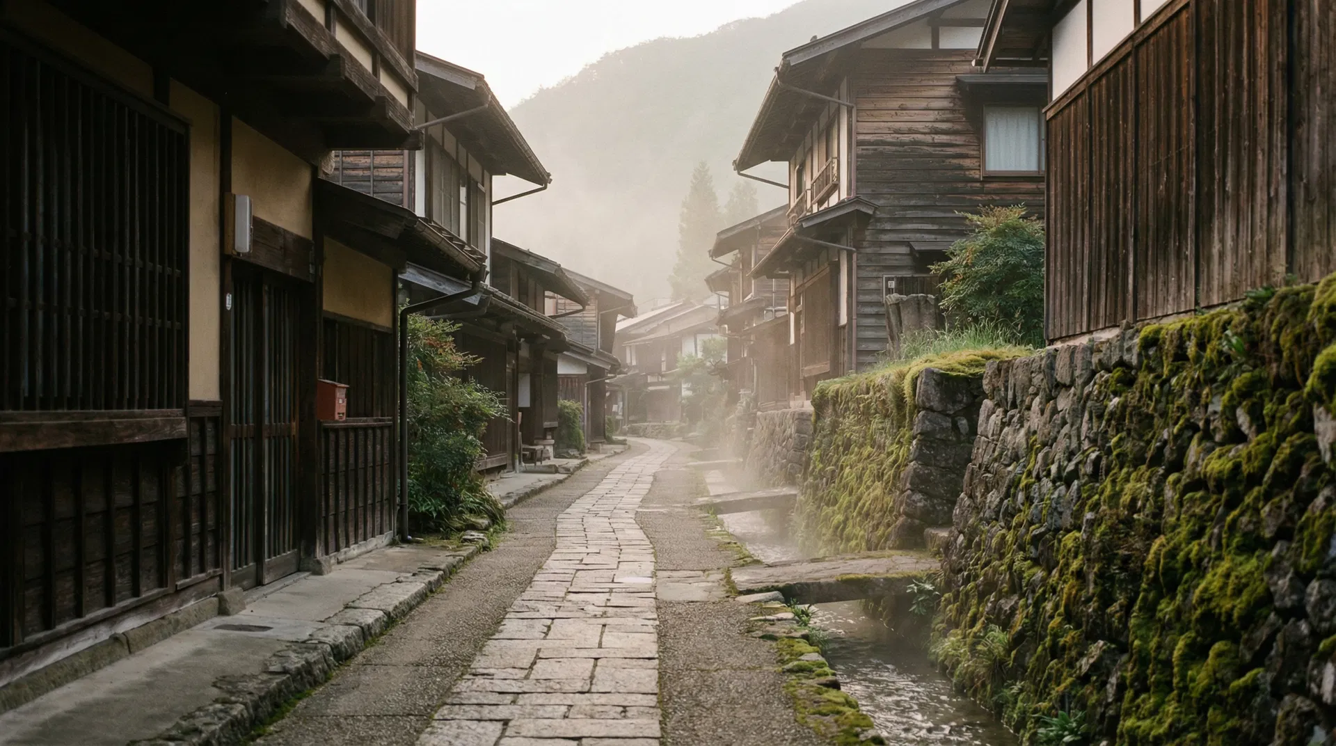 朝霧に包まれた山間の宿場町の石畳