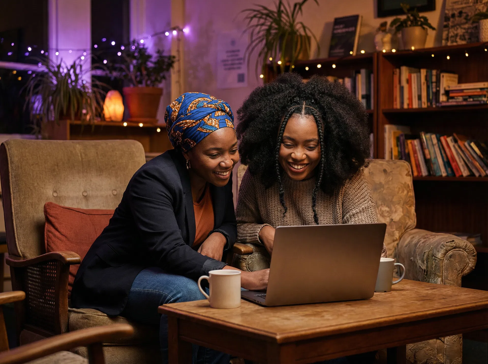 Two women from different cultural backgrounds collaborating on a laptop in a warm community space