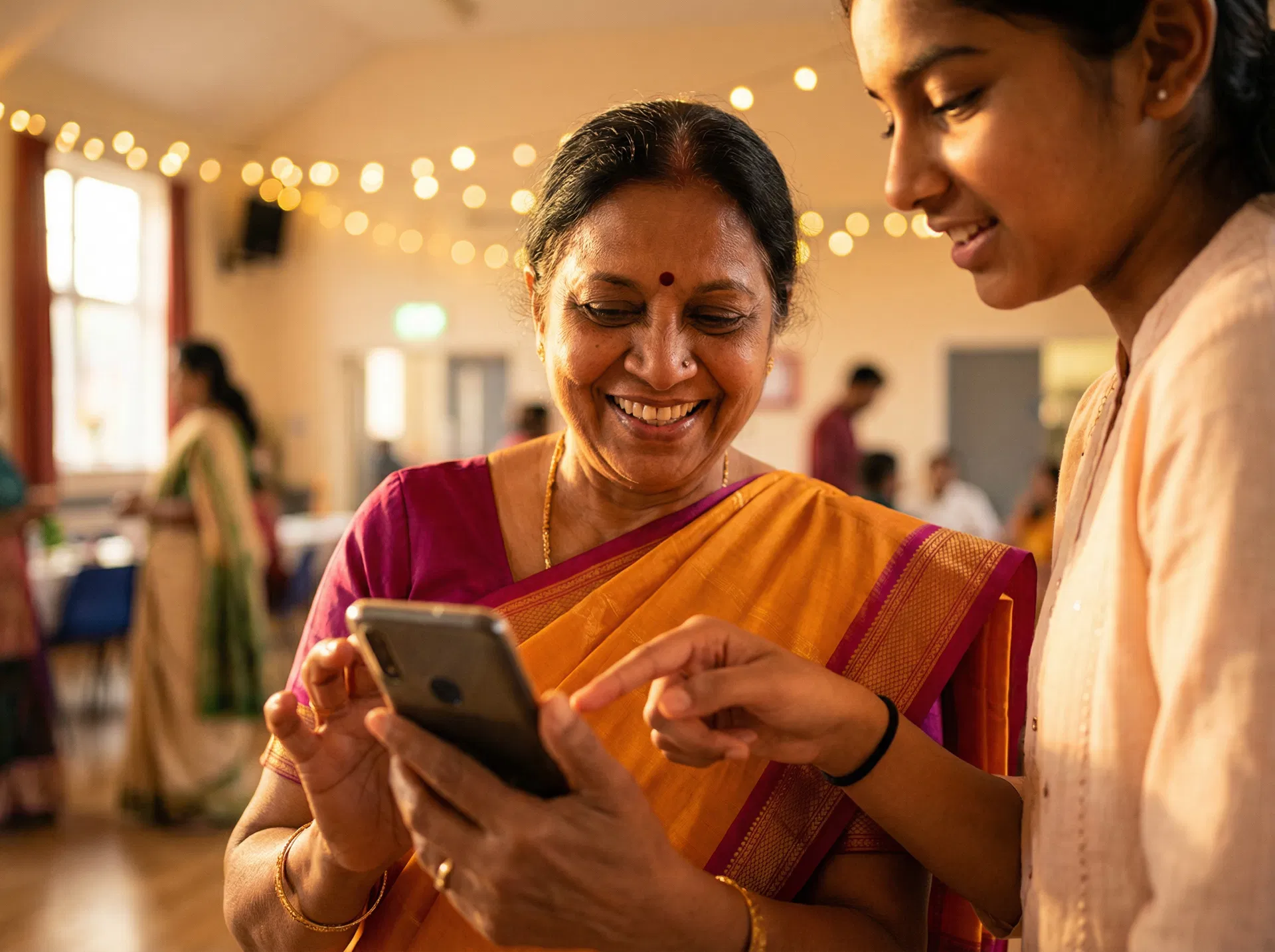 Woman learning digital skills on a smartphone with support