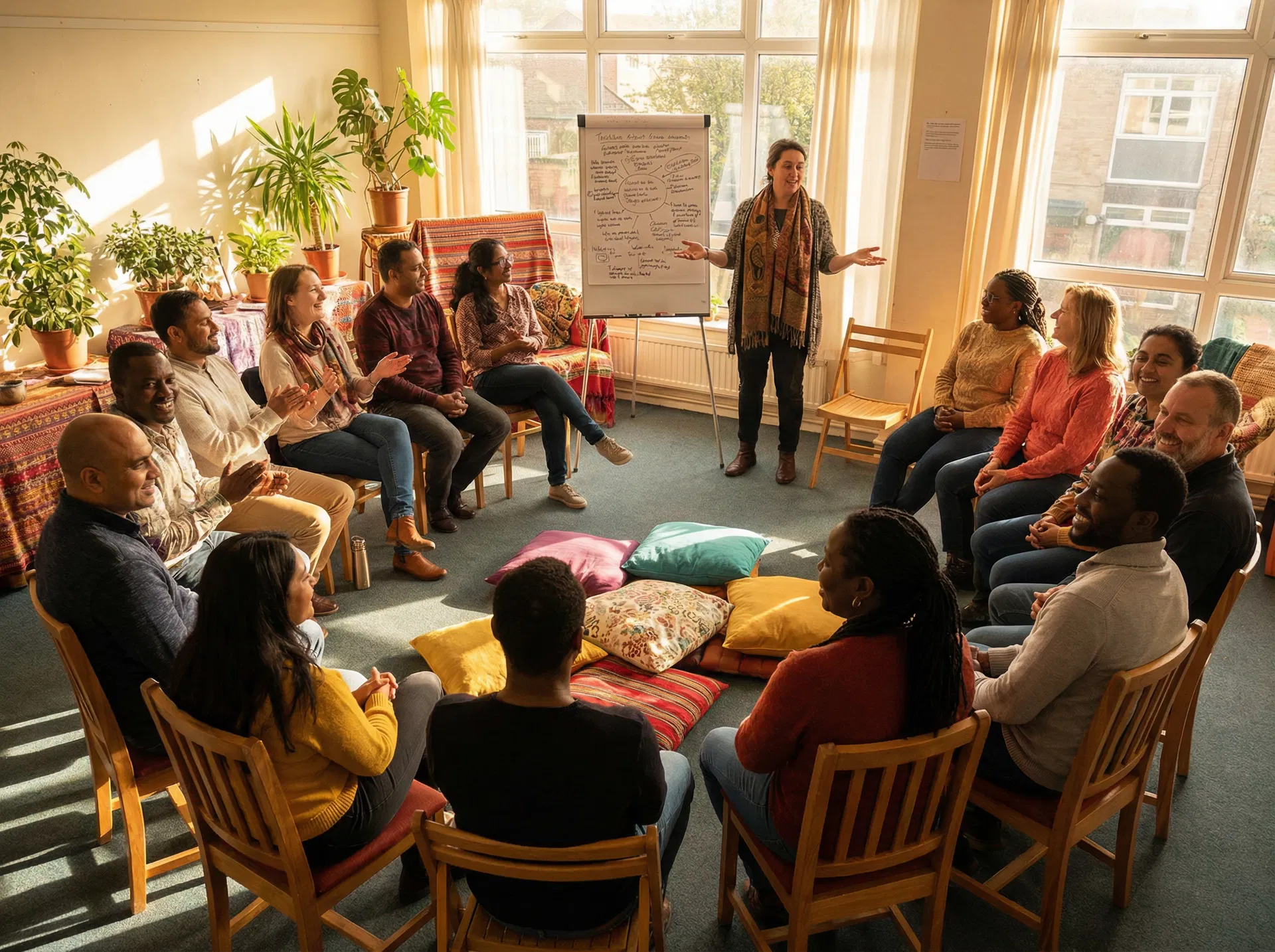 Community workshop with diverse participants in a circle