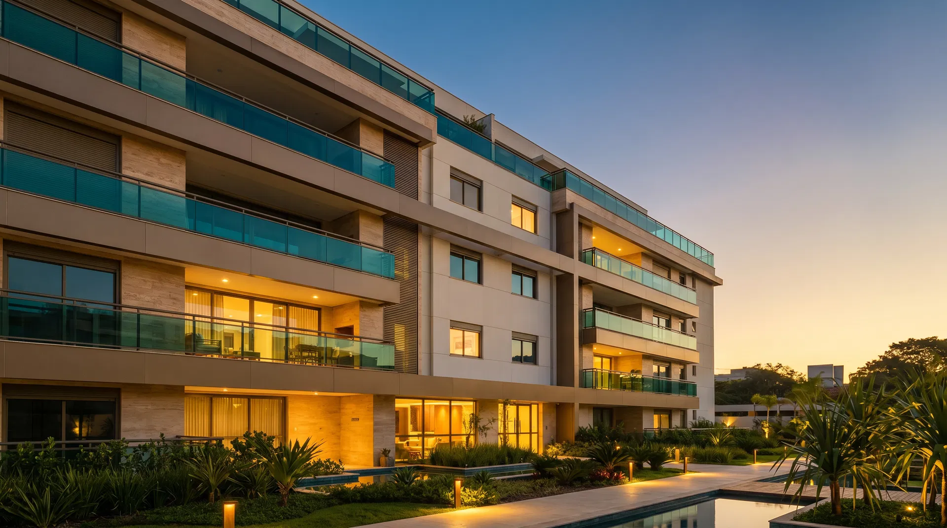 Empreendimento residencial contemporâneo iluminado ao entardecer
