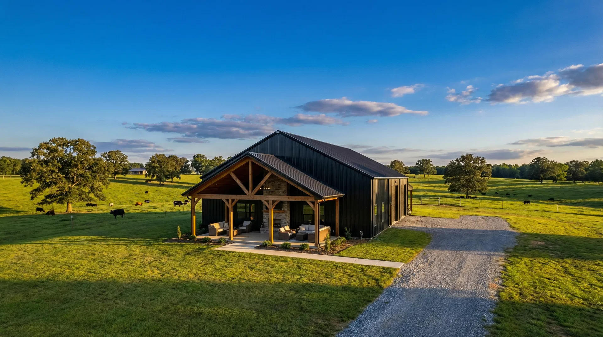 A modern barndominium in the Alabama countryside at sunset