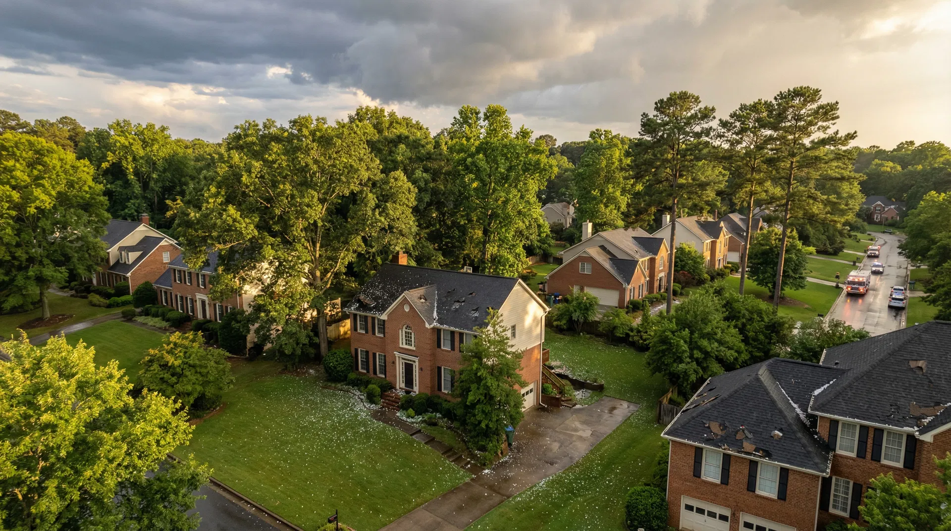 Hail damage on an Atlanta residential roof showing dented shingles and gutters