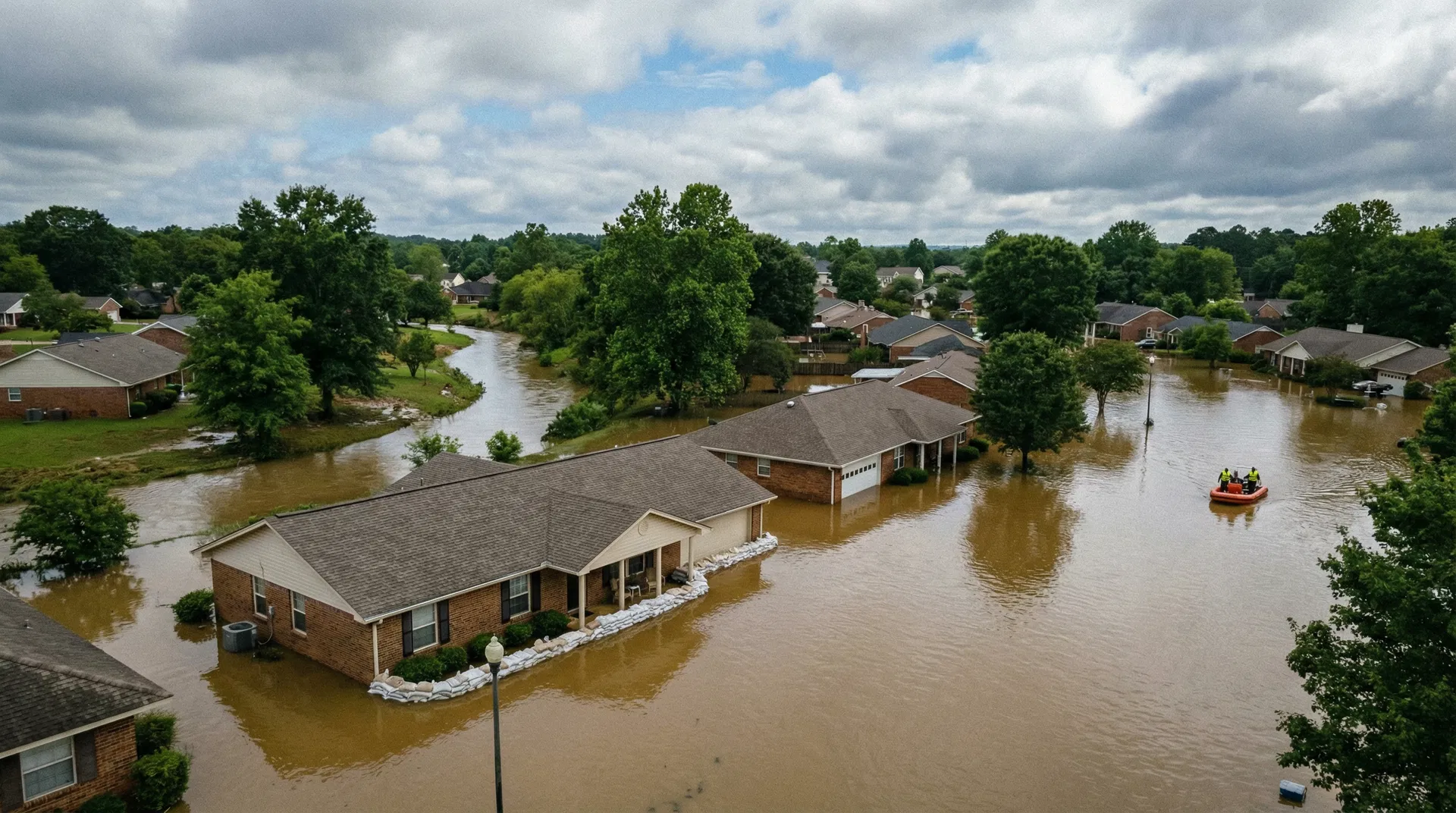 Aerial view of flooded Alabama neighborhood with homes surrounded by brown floodwater and sandbags protecting one house
