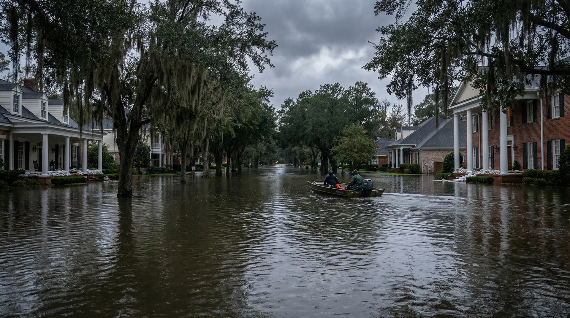 Georgia neighborhood with floodwaters rising around homes after heavy rainfall