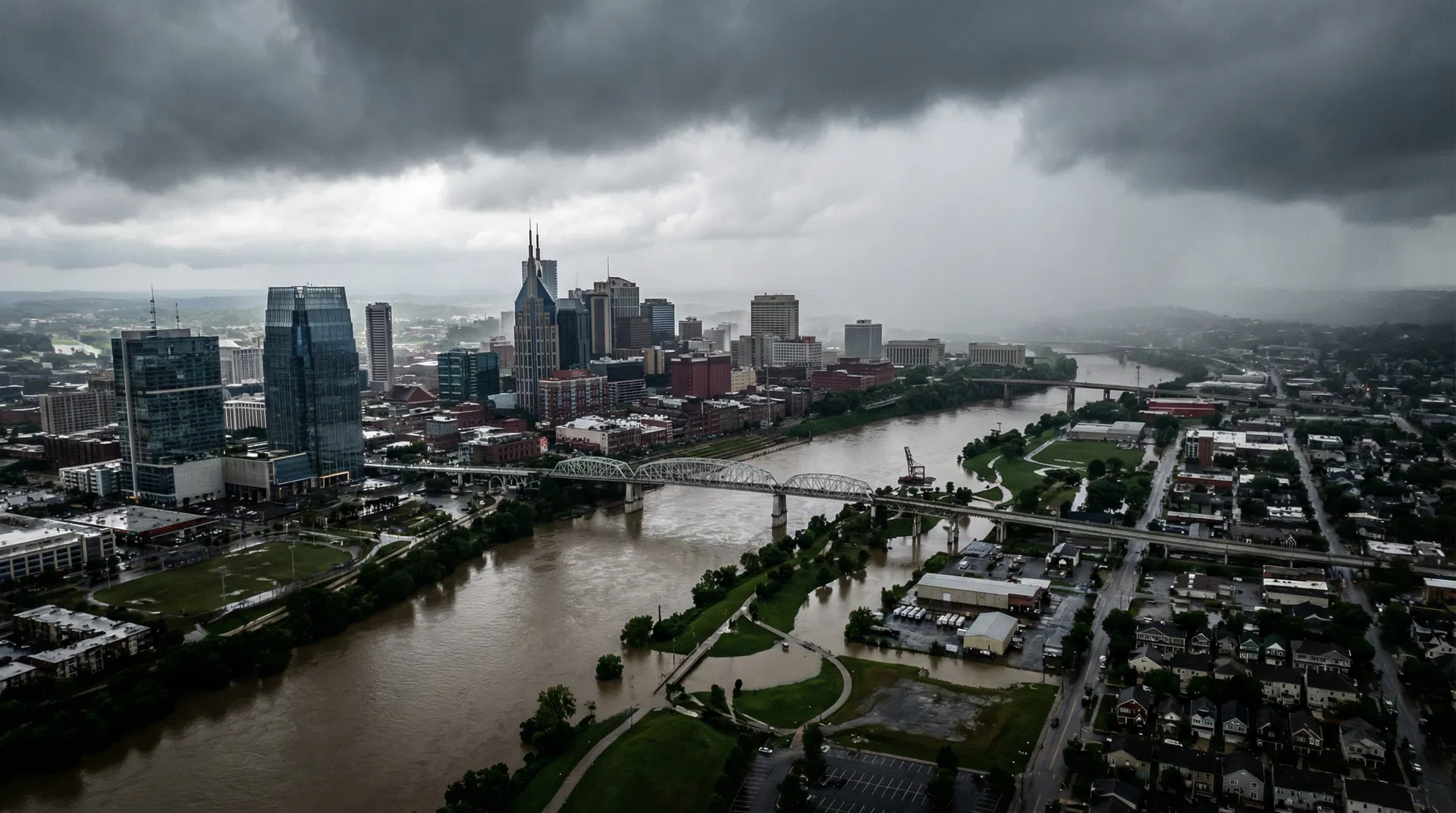 Aerial view of Nashville neighborhoods along the Cumberland River showing flood-prone areas