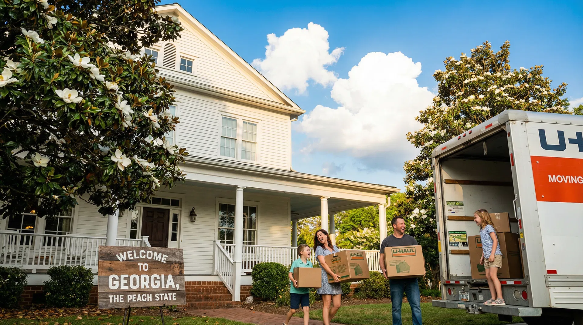 Welcome to Georgia road sign with peach tree and suburban neighborhood in background