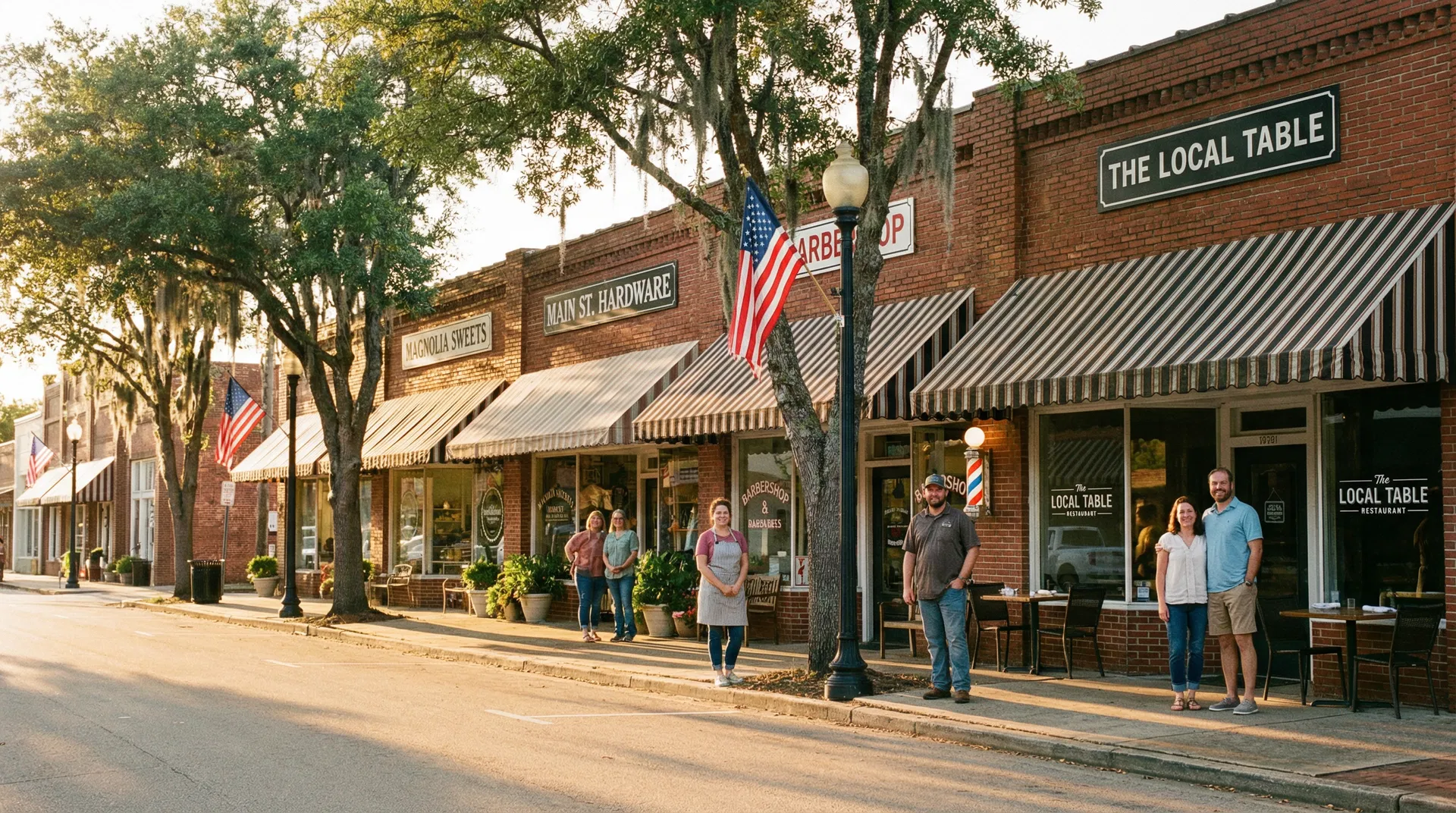Small business owners standing proudly in front of their shops on a charming Alabama Main Street at golden hour