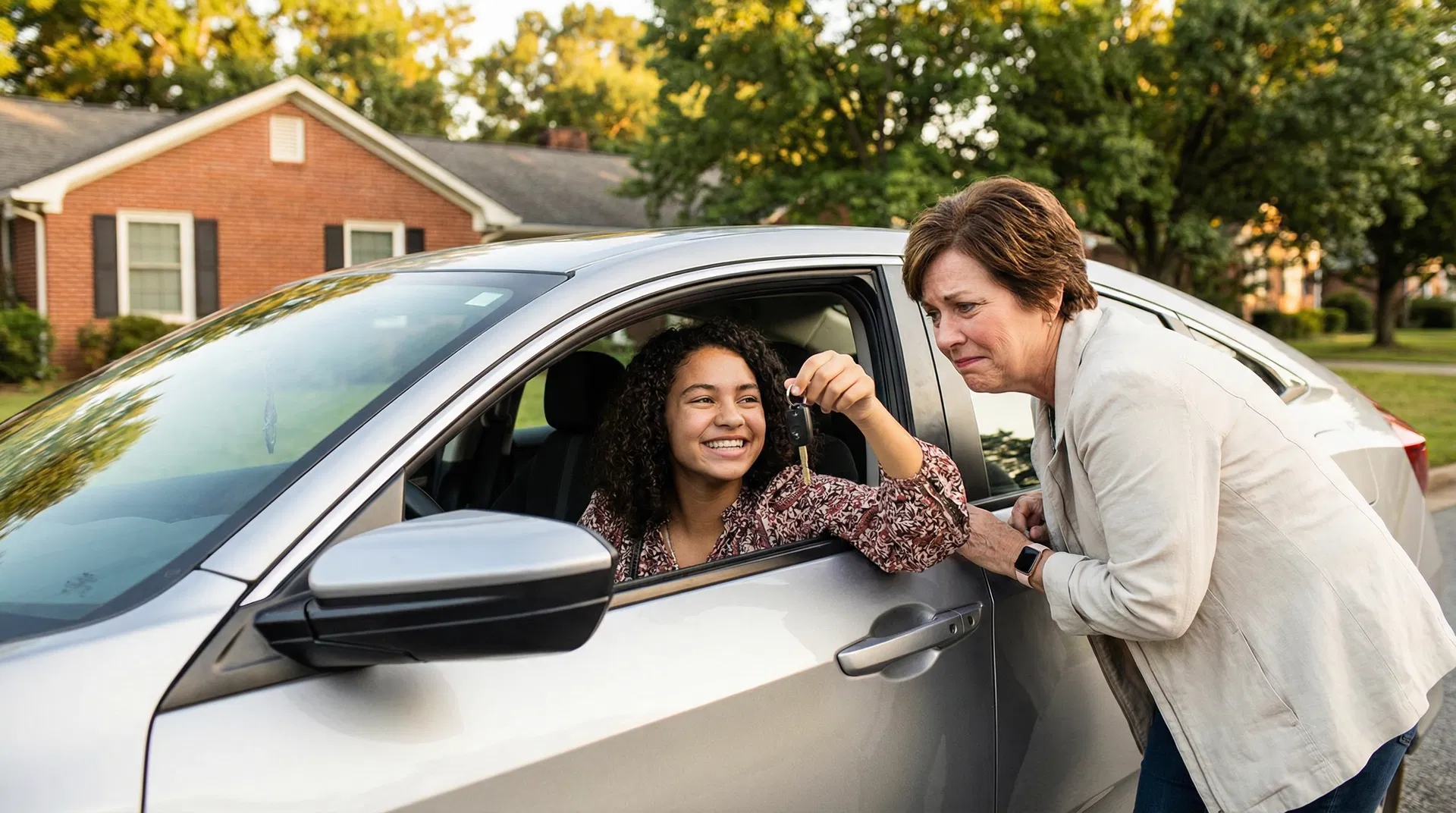 Teen driver receiving car keys from parent in Alabama suburban driveway