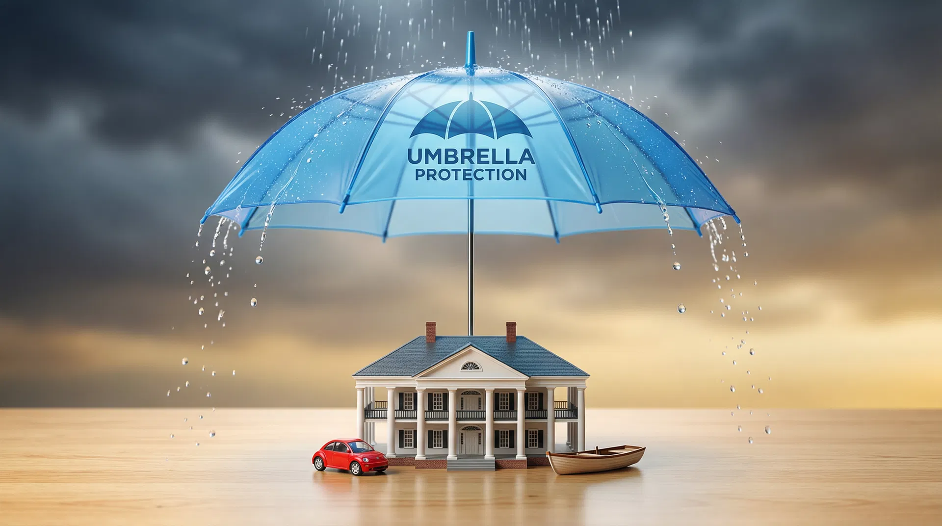 Conceptual image of a blue umbrella protecting a miniature home, car, and boat from rain, symbolizing umbrella insurance coverage