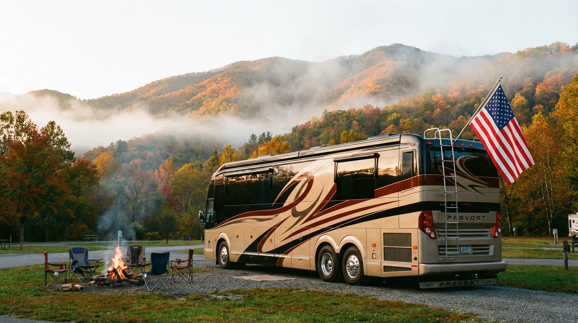 A modern RV parked in a scenic Tennessee mountain landscape at dusk
