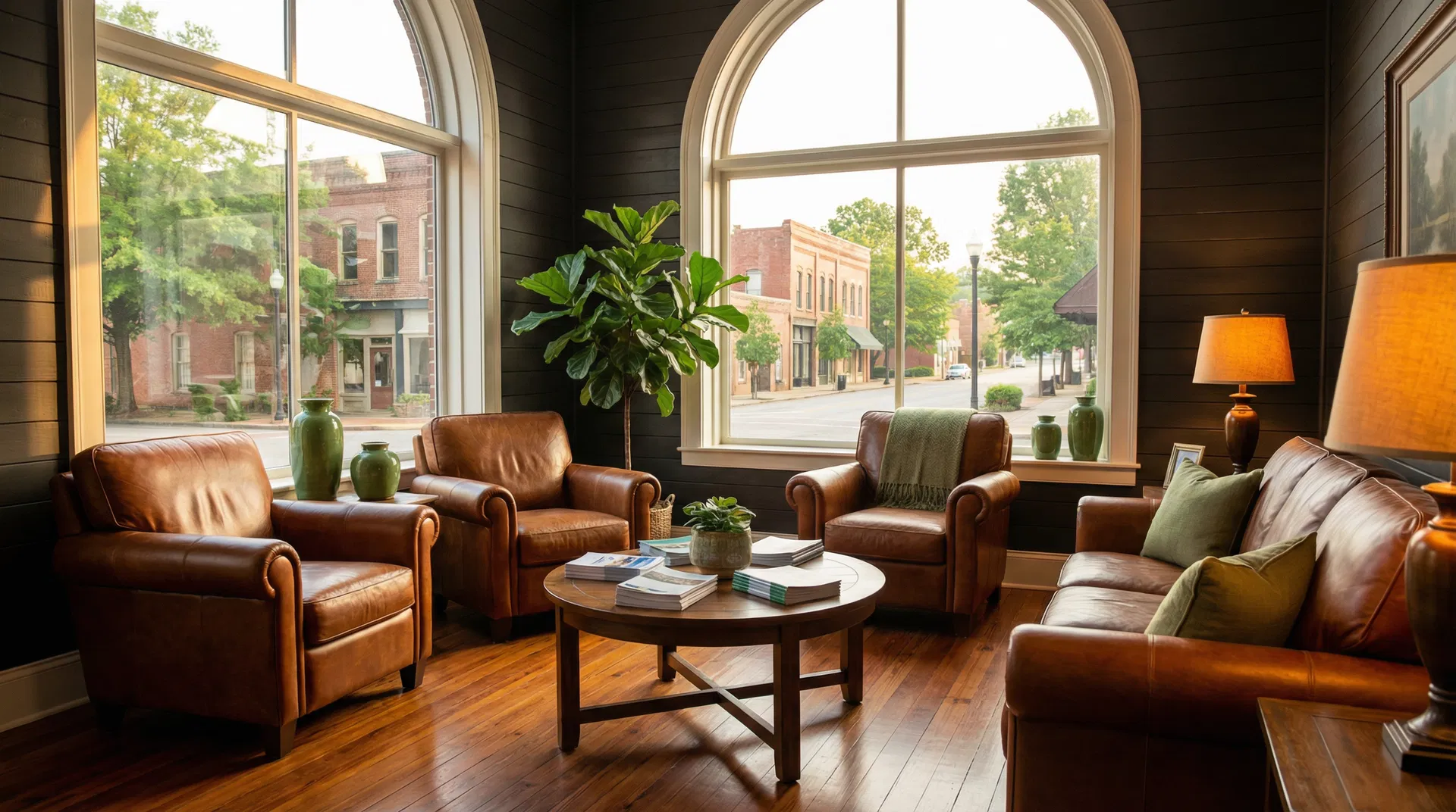 Warm, inviting insurance agency waiting area with leather chairs and Southern charm
