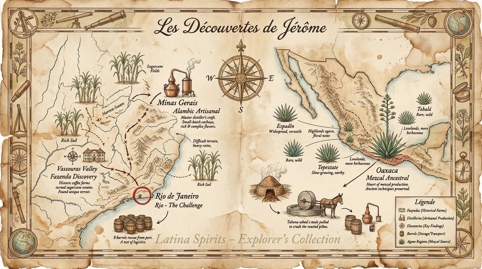 Carte des découvertes de Jérôme - Routes d'exploration au Brésil et Mexique