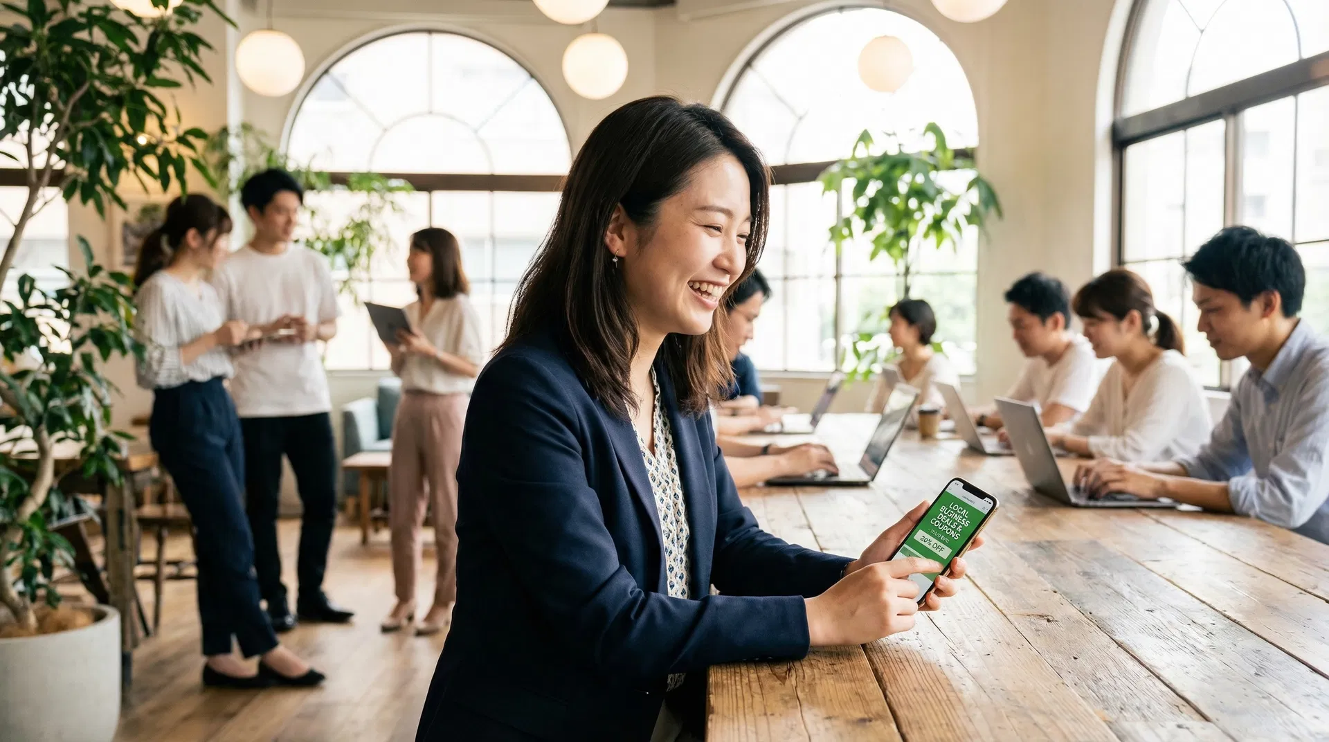 コワーキングスペースで情報を受け取り喜ぶ会員