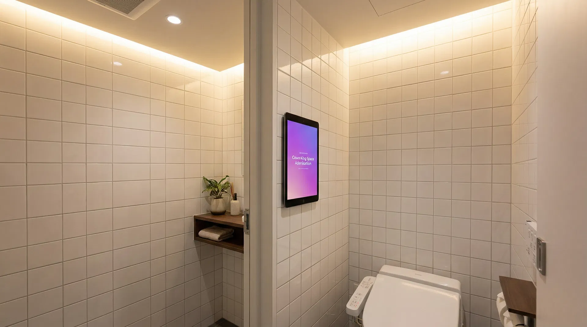 コワーキングスペースのトイレに設置されたデジタルサイネージ