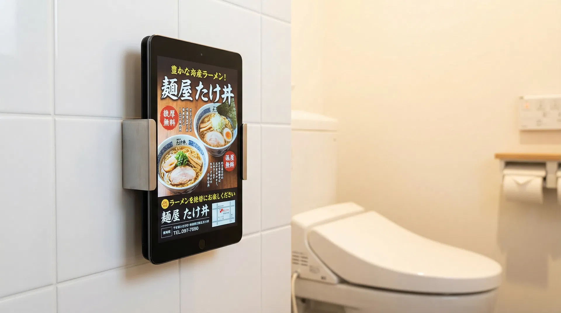 トイレ個室に設置されたデジタルサイネージ