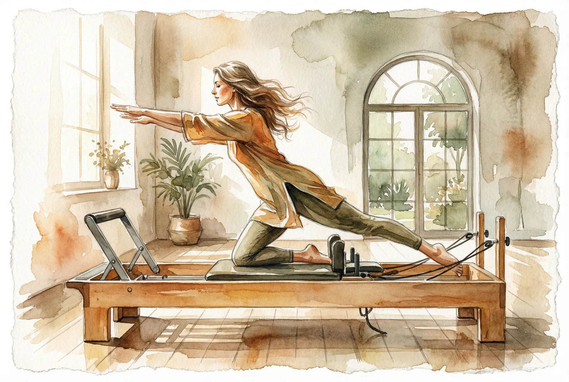 女性在 Reformer 核心床上進行流暢的訓練動作