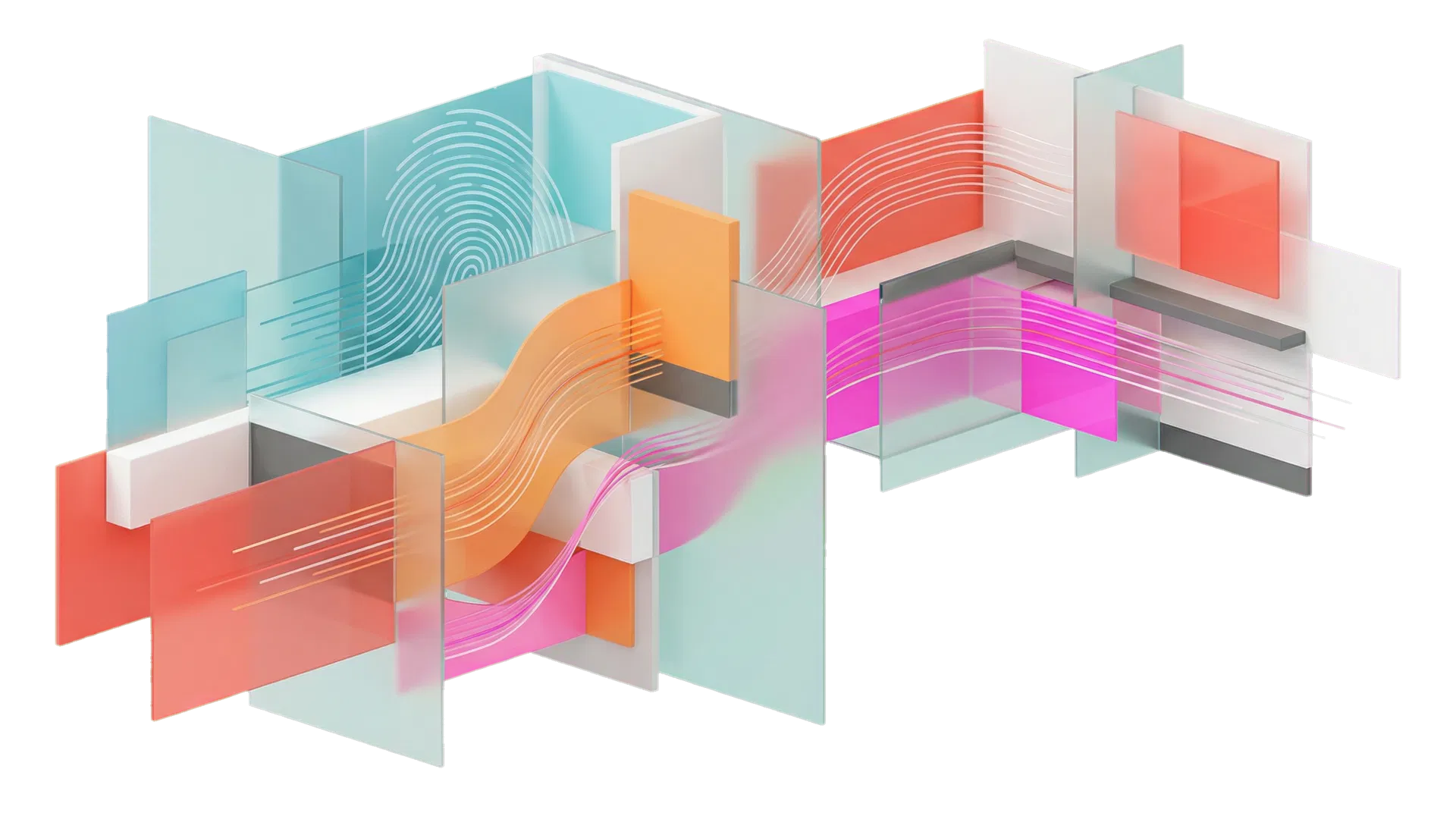 Composição abstrata de planos translúcidos e linhas biométricas