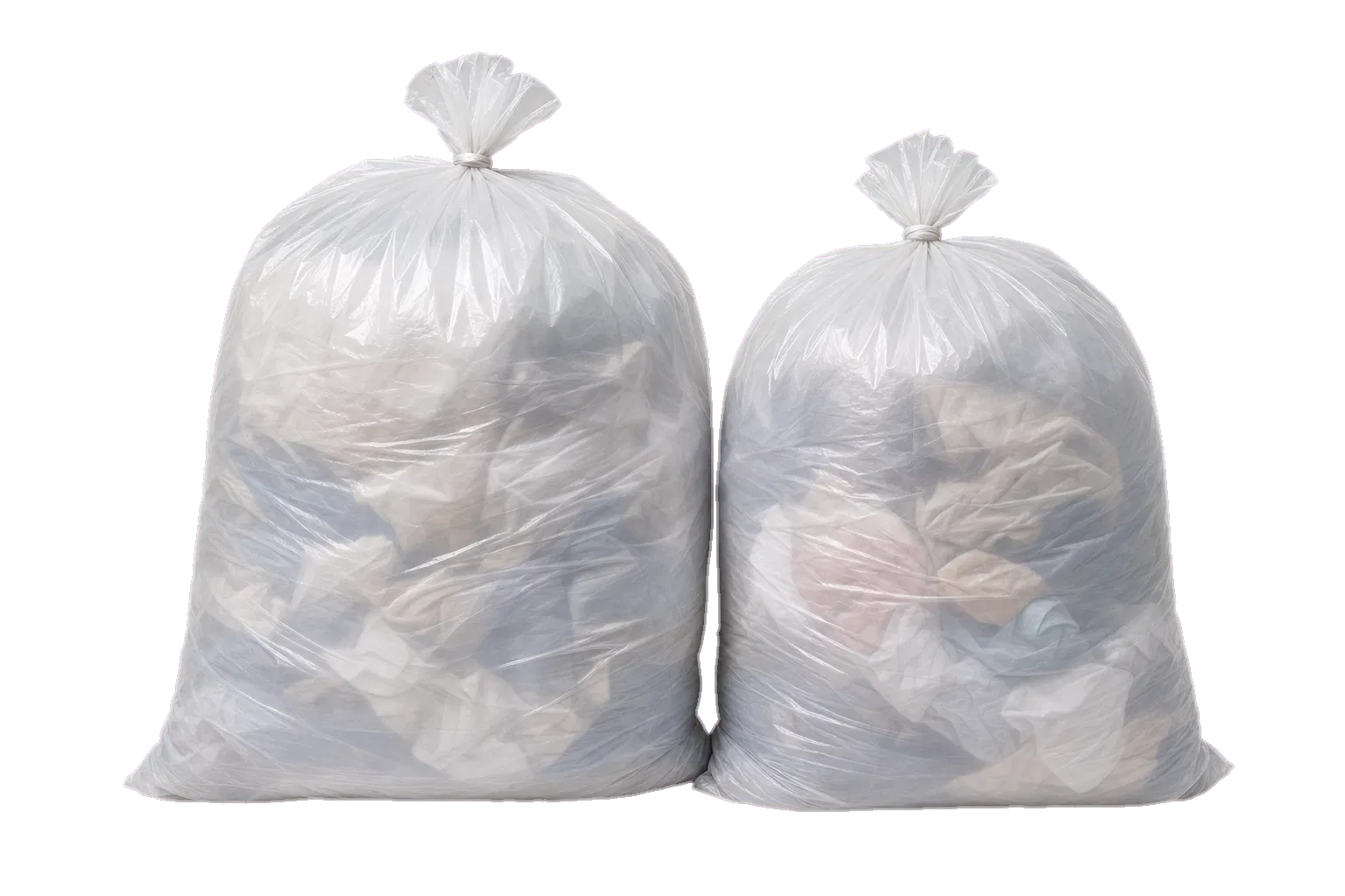 Two standard kitchen trash bags full of laundry