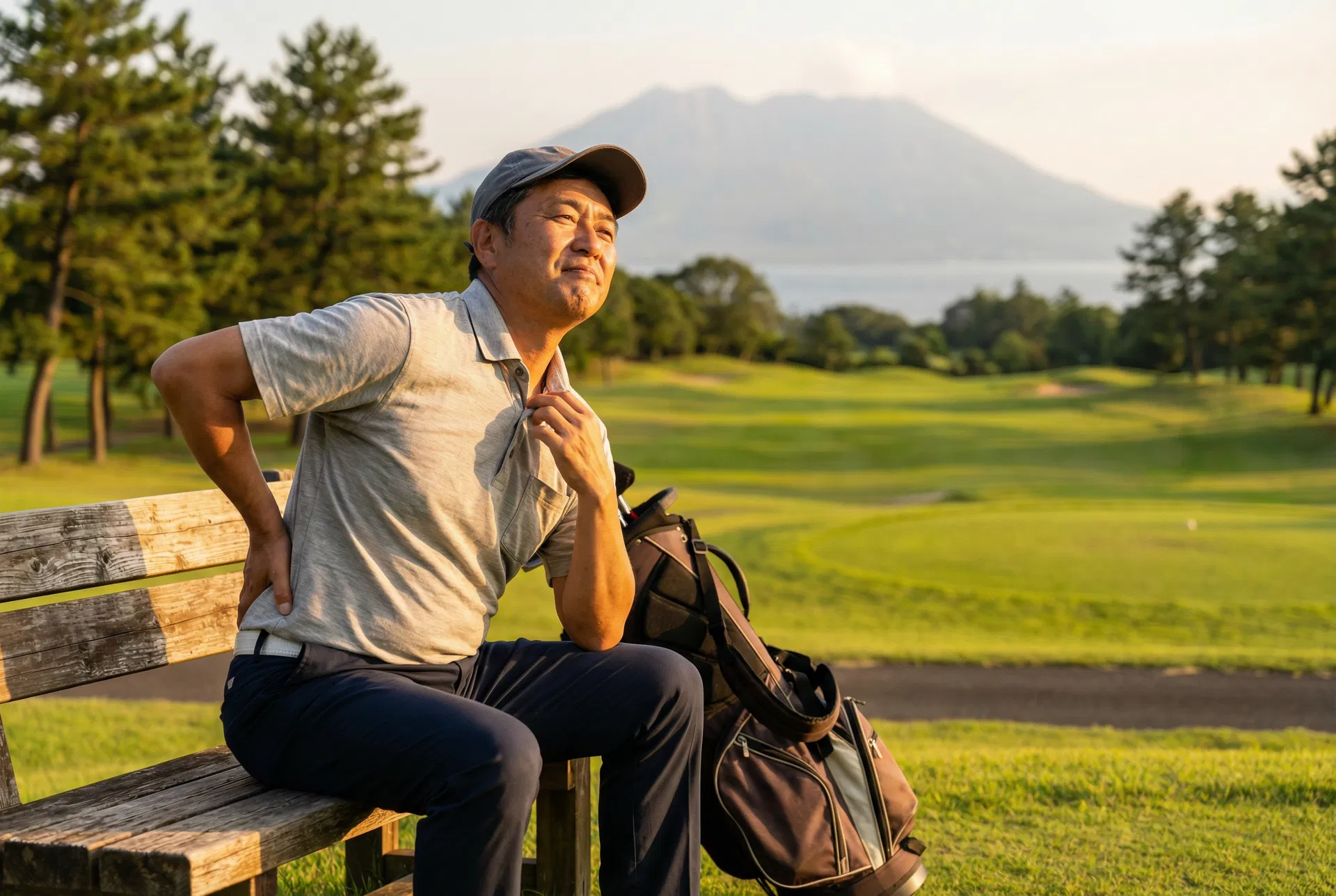 指宿ゴルフ後の疲れを抱えるビジネスマン