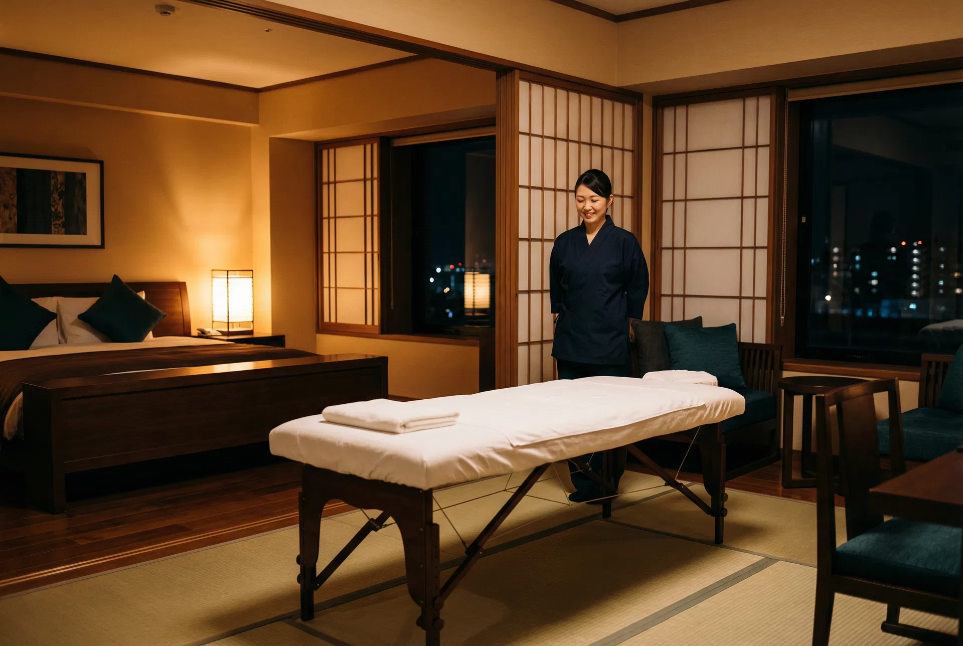 ホテル客室でのリラクゼーション施術準備