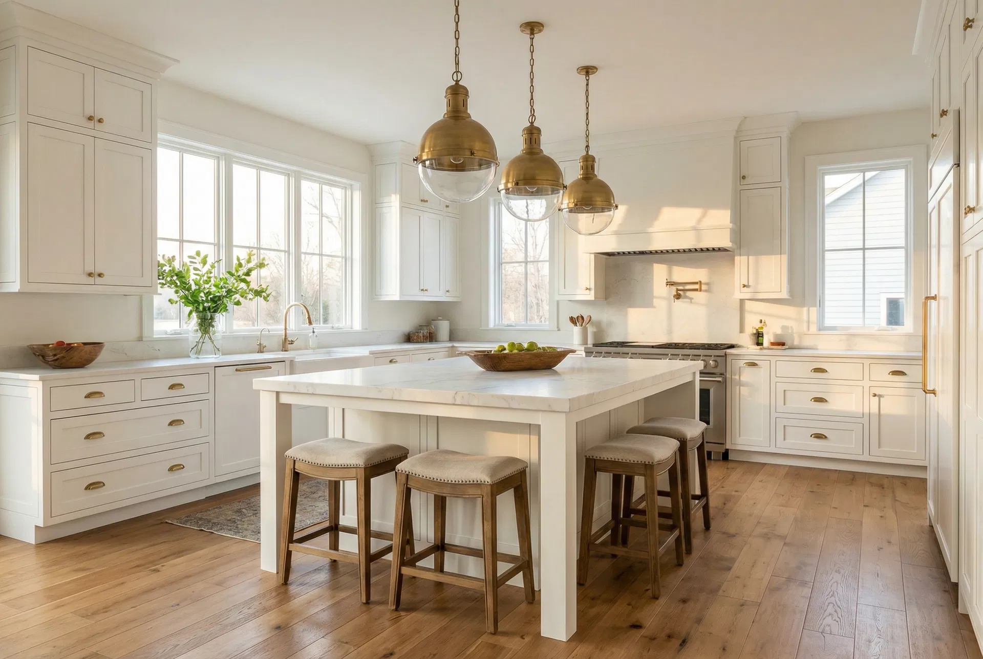 Beautiful custom kitchen with freshly painted white cabinets, brass hardware, and professional finish carpentry — interior painting and cabinet refinishing services in Alpharetta, Roswell, and North Atlanta, GA