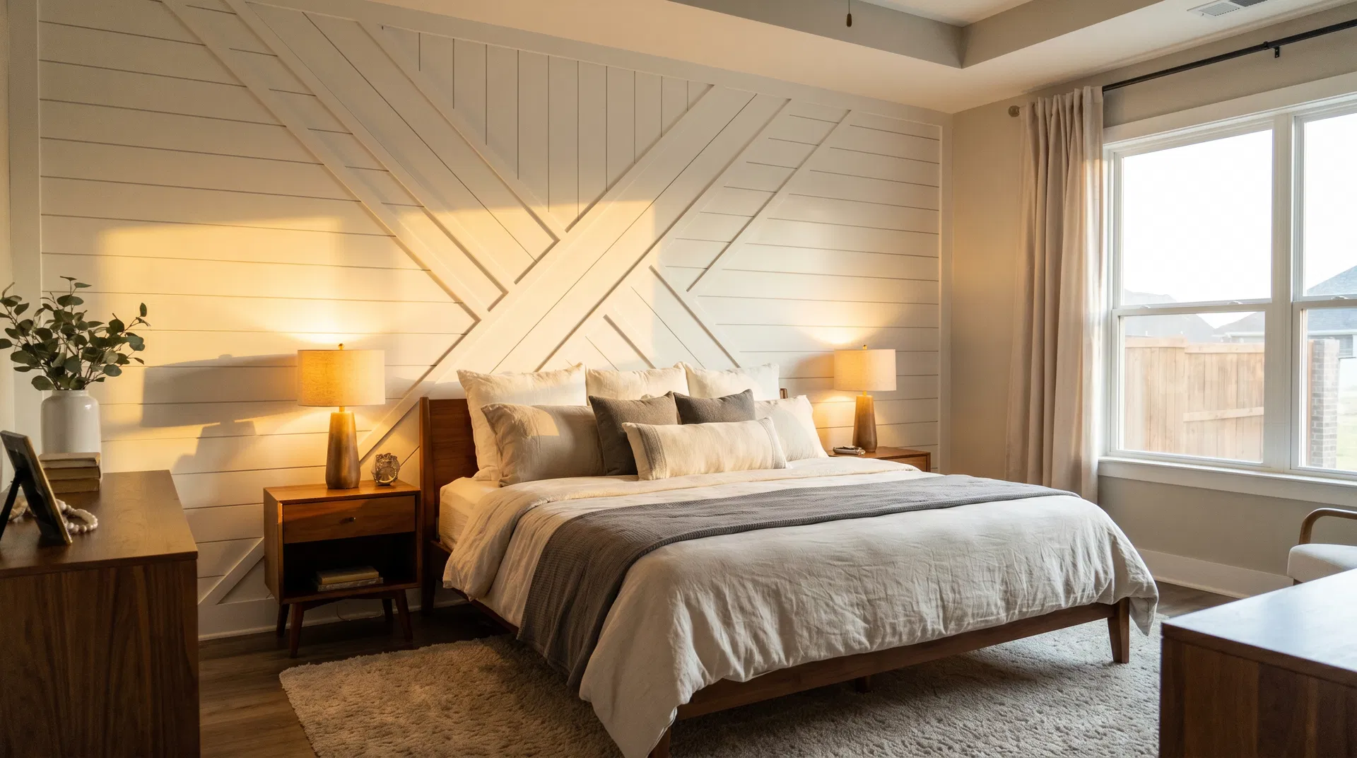 Stunning custom accent wall with white shiplap board and batten paneling installed in a modern North Atlanta bedroom — accent wall installation services in Alpharetta, Roswell, and Marietta, GA