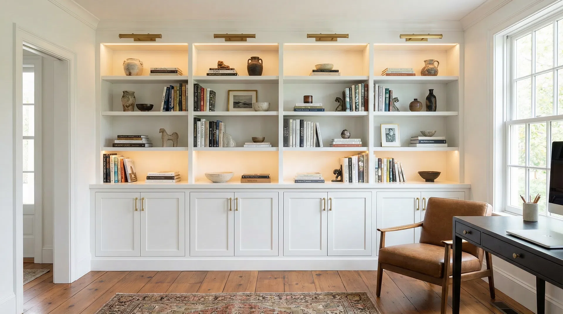 Custom built-in bookshelf and cabinet unit professionally installed in a North Atlanta home office — cabinetry and built-in shelving services in Alpharetta, Roswell, and Marietta, GA