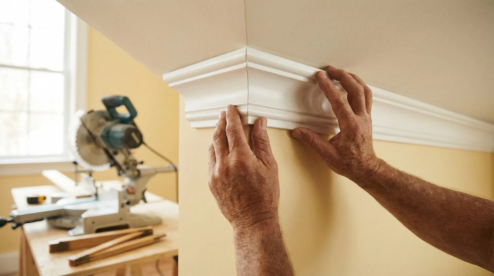 Skilled finish carpenter installing elegant white crown molding in a high-end North Atlanta home — professional trim carpentry services in Alpharetta, Roswell, and Marietta, GA
