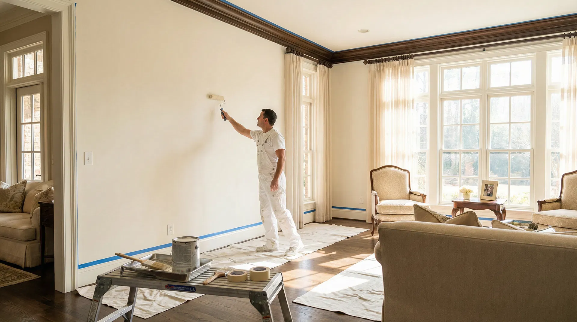 Professional interior house painter applying a fresh coat of paint to walls in a luxury North Atlanta home — residential painting services in Alpharetta, Roswell, and Marietta, GA