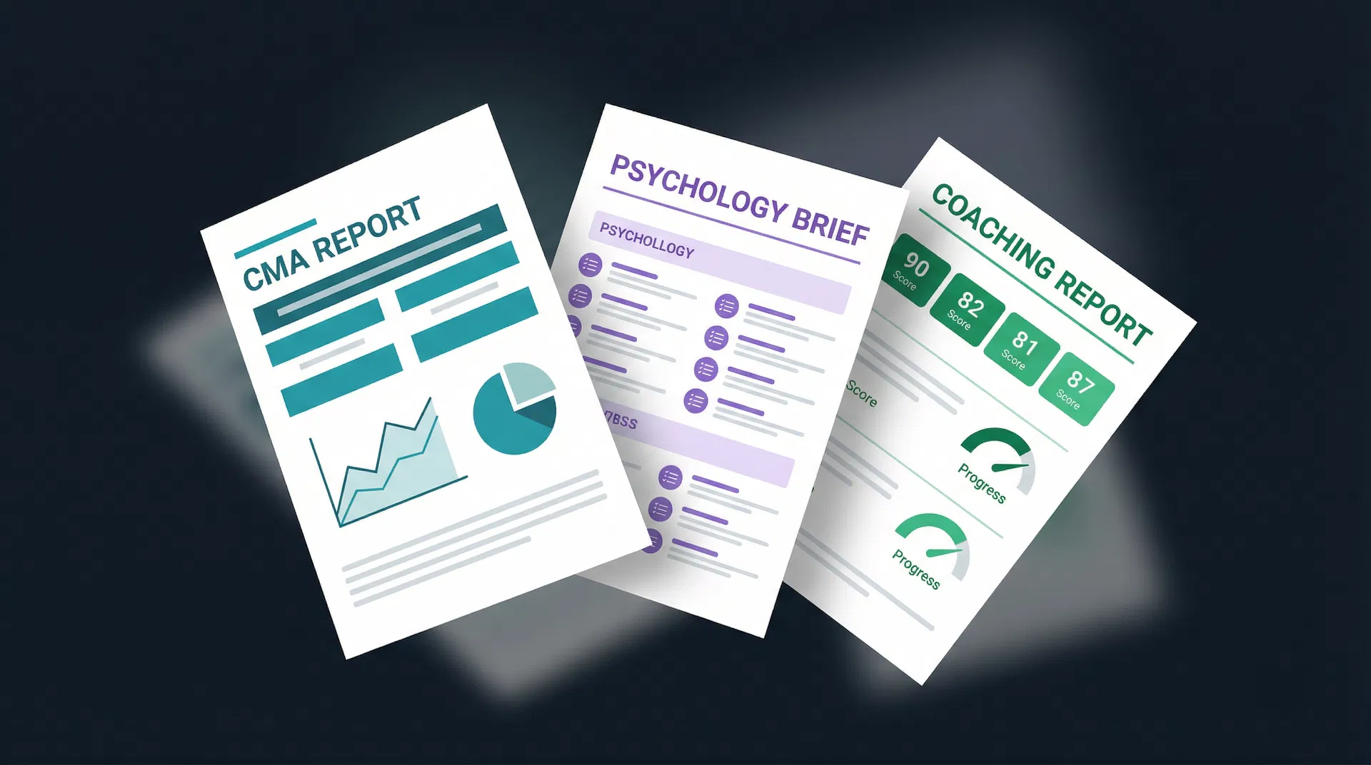 CMA Report, Seller Psychology Brief, and Agent Coaching Report document mockups