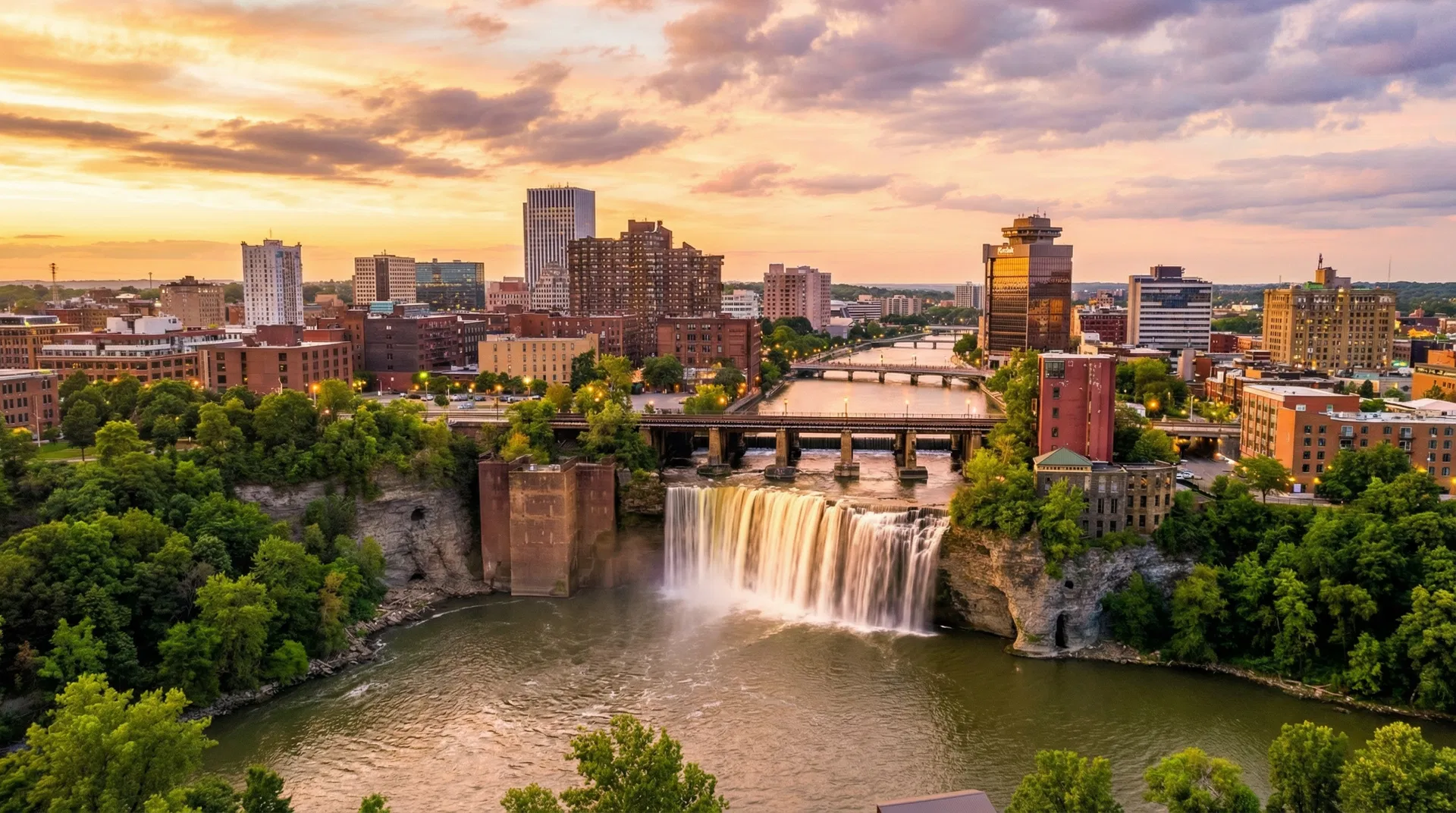 Rochester, NY skyline at golden hour with High Falls