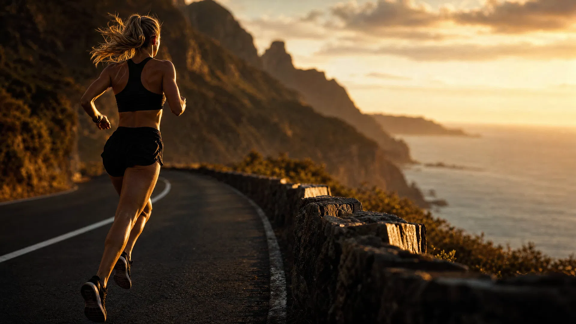 Female endurance athlete running coastal mountain road at golden hour