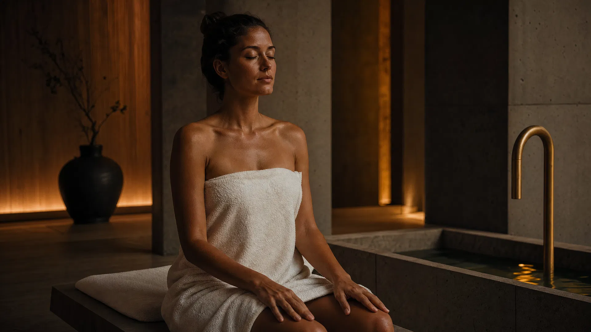 Woman in serene luxury recovery suite, eyes closed in meditation