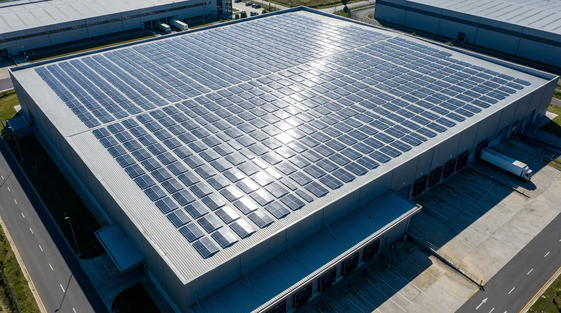 Vue aérienne d'une installation photovoltaïque sur toiture industrielle
