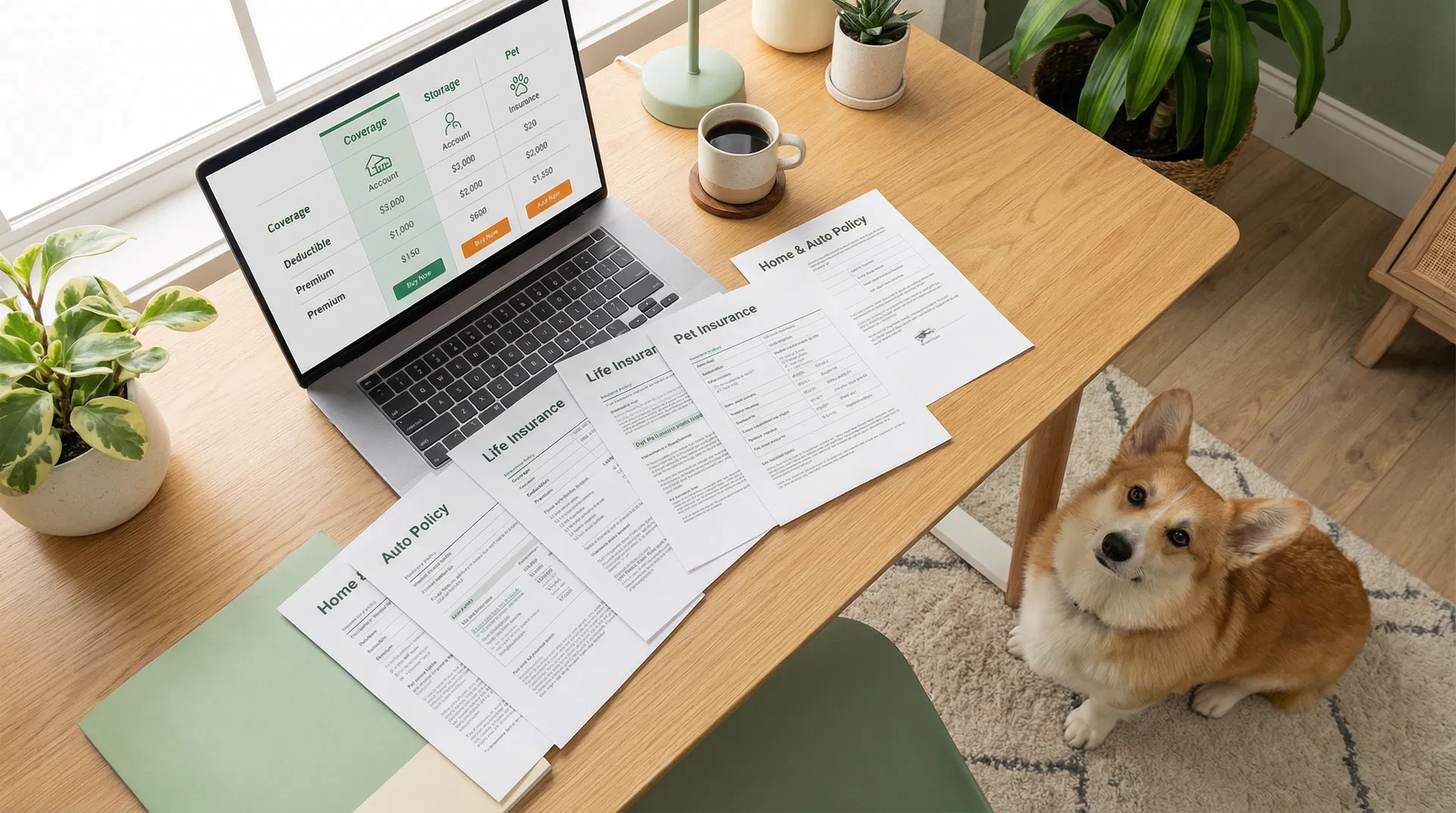 Corgi assis près d'un bureau avec des documents d'assurance et un ordinateur