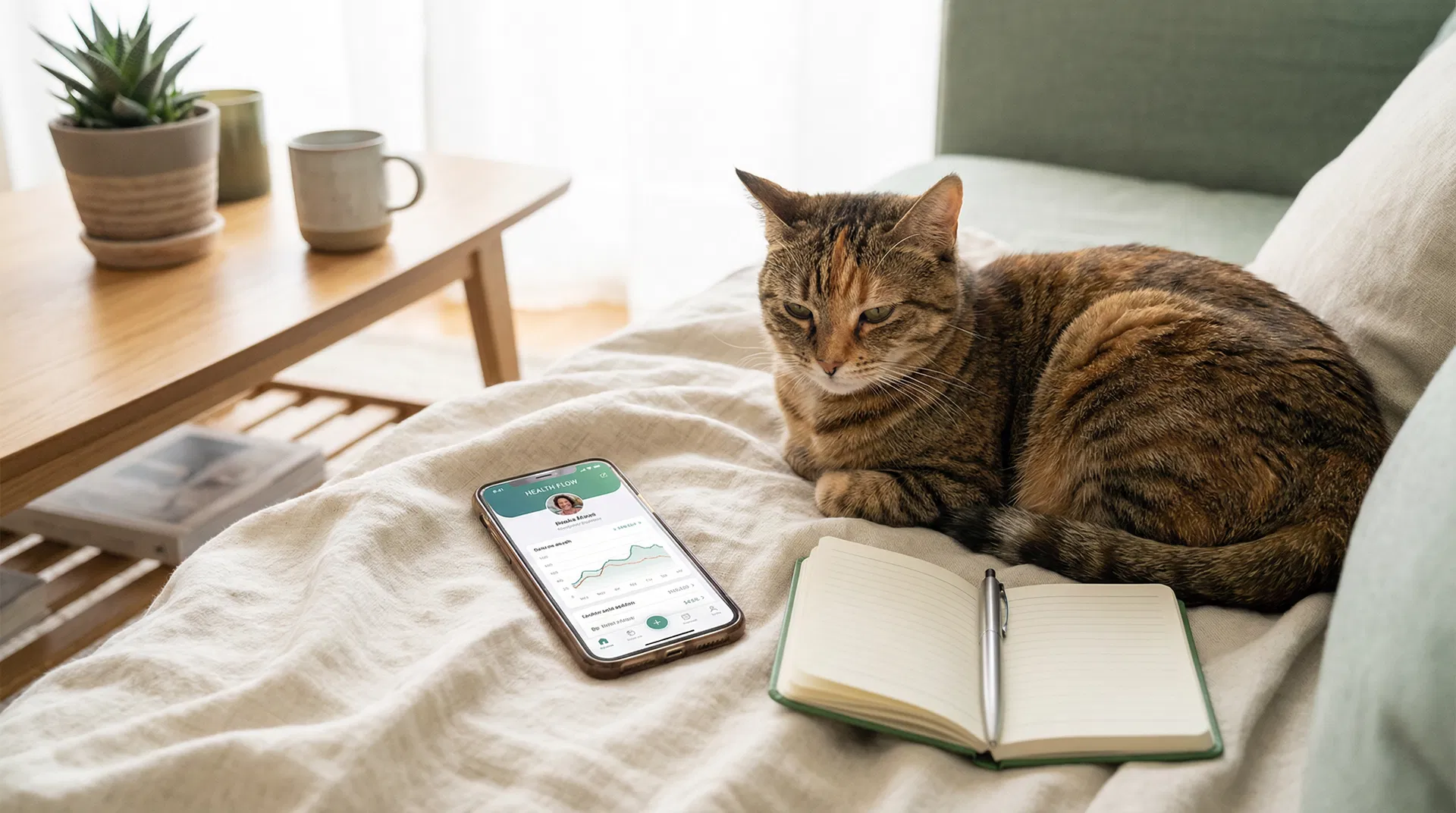 Chat tigré à côté d'un smartphone affichant une application de santé animale
