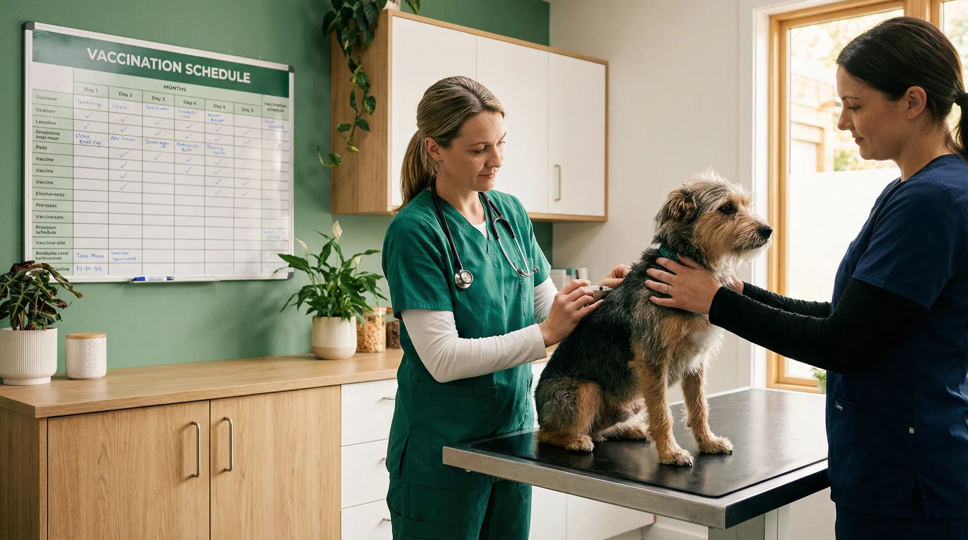 Vétérinaire vaccinant un chien avec un calendrier vaccinal au mur