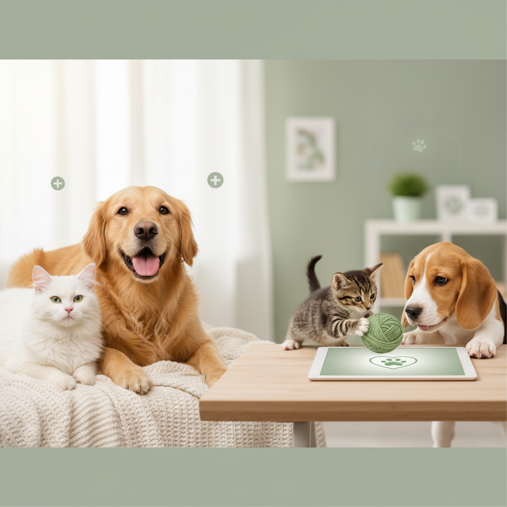 Un chien et un chat côte à côte regardant un smartphone affichant l'interface de Vetilio, symbolisant le suivi de santé numérique pour animaux.