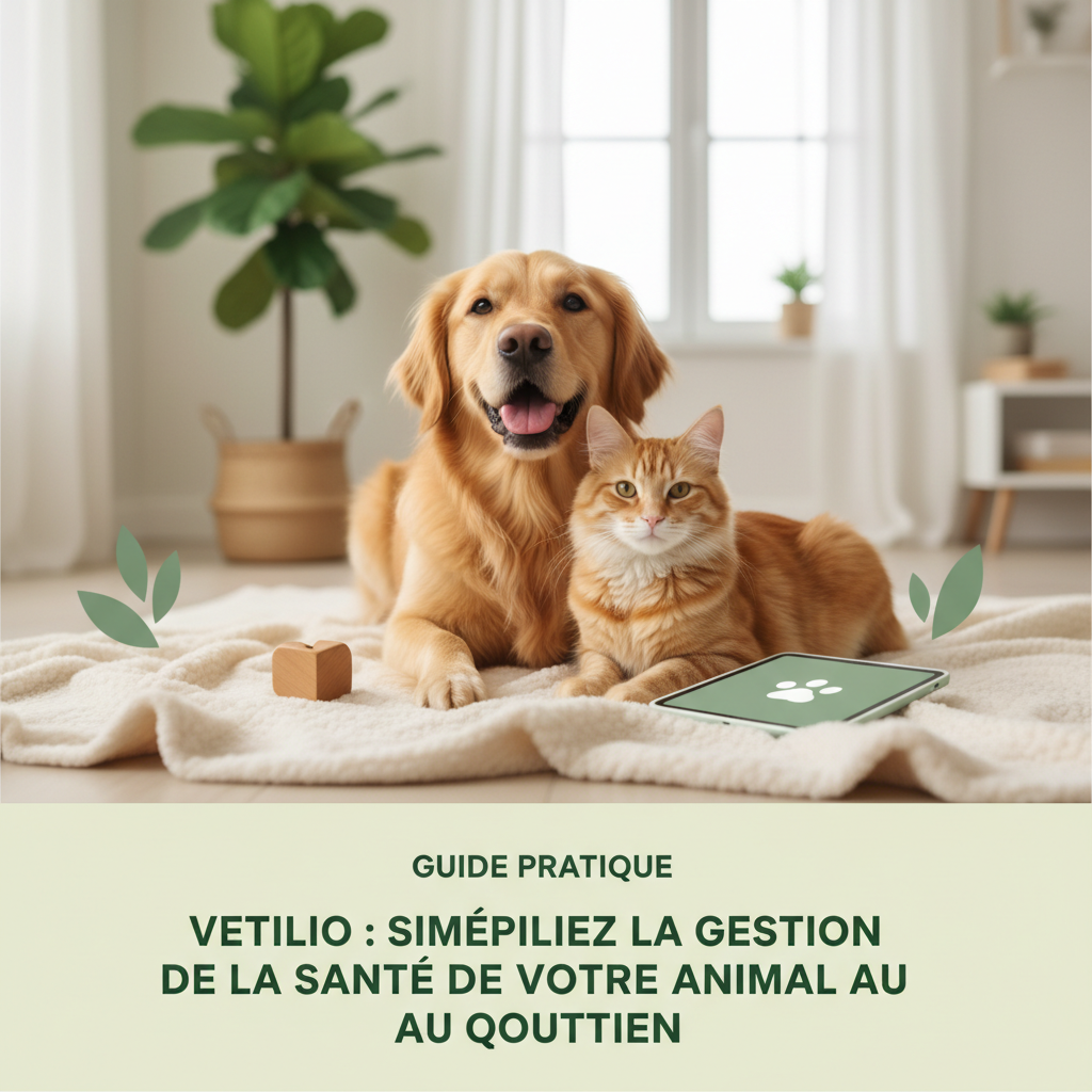 Un propriétaire souriant utilisant l'application Vetilio sur son smartphone, avec son chien et son chat à ses côtés, symbolisant la facilité de gestion de la santé animale.