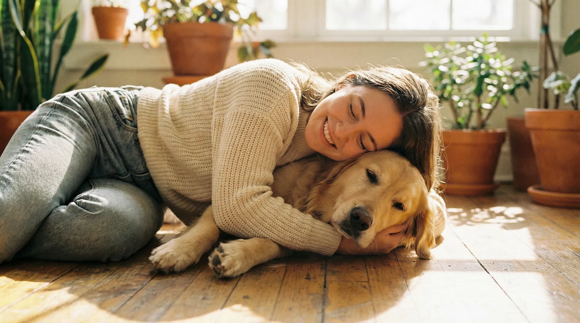 Femme avec son golden retriever