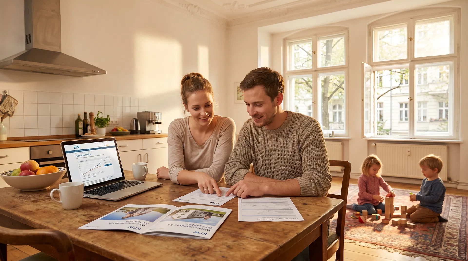 Familie mit zwei Kindern plant Hauskauf-Förderungen 2026 – KfW-Unterlagen auf dem Tisch, Berliner Altbau-Wohnung